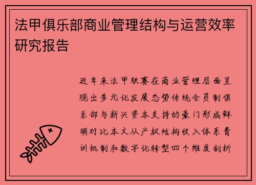 法甲俱乐部商业管理结构与运营效率研究报告