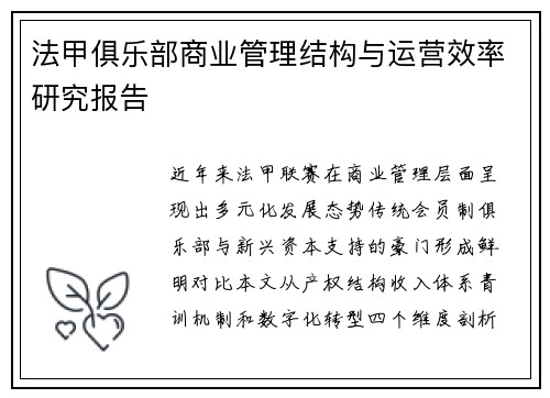 法甲俱乐部商业管理结构与运营效率研究报告