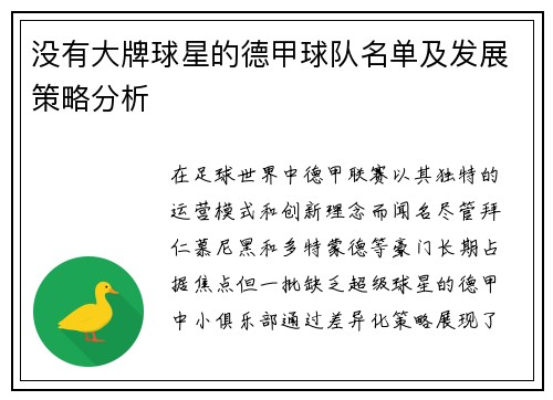 没有大牌球星的德甲球队名单及发展策略分析